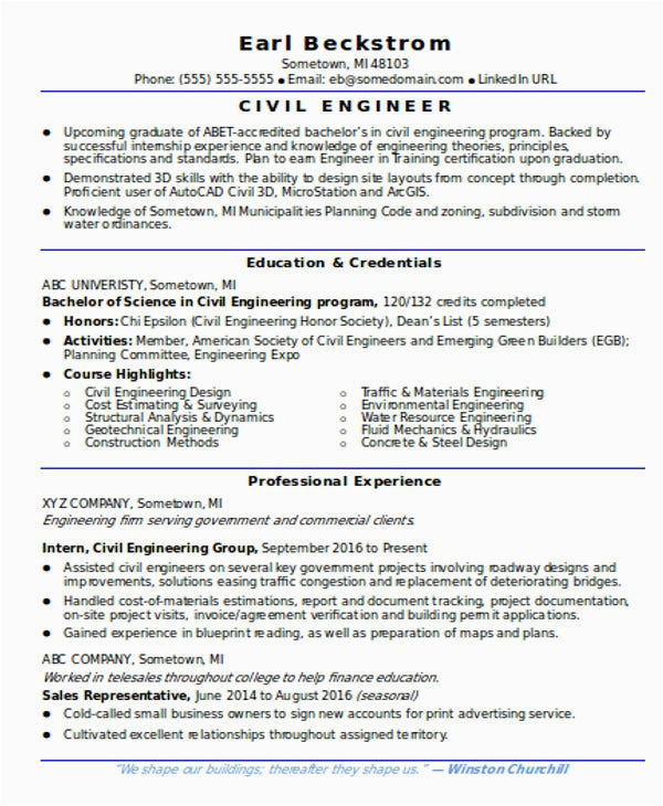 fresh graduate civil engineer resume sample