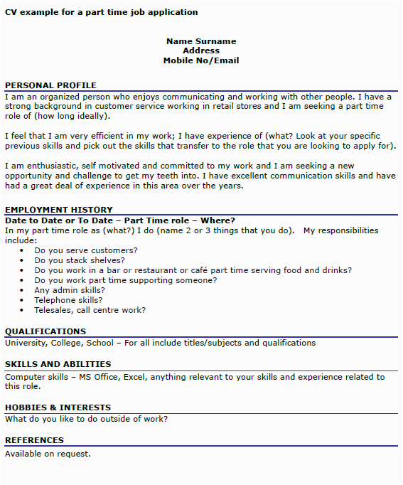 cv example for a part time job