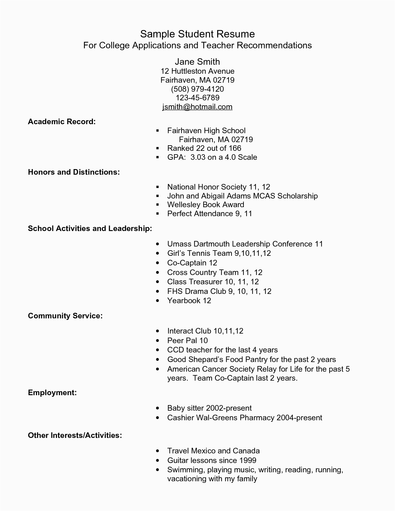 Sample Resume for Us University Application College Admission Resume Template