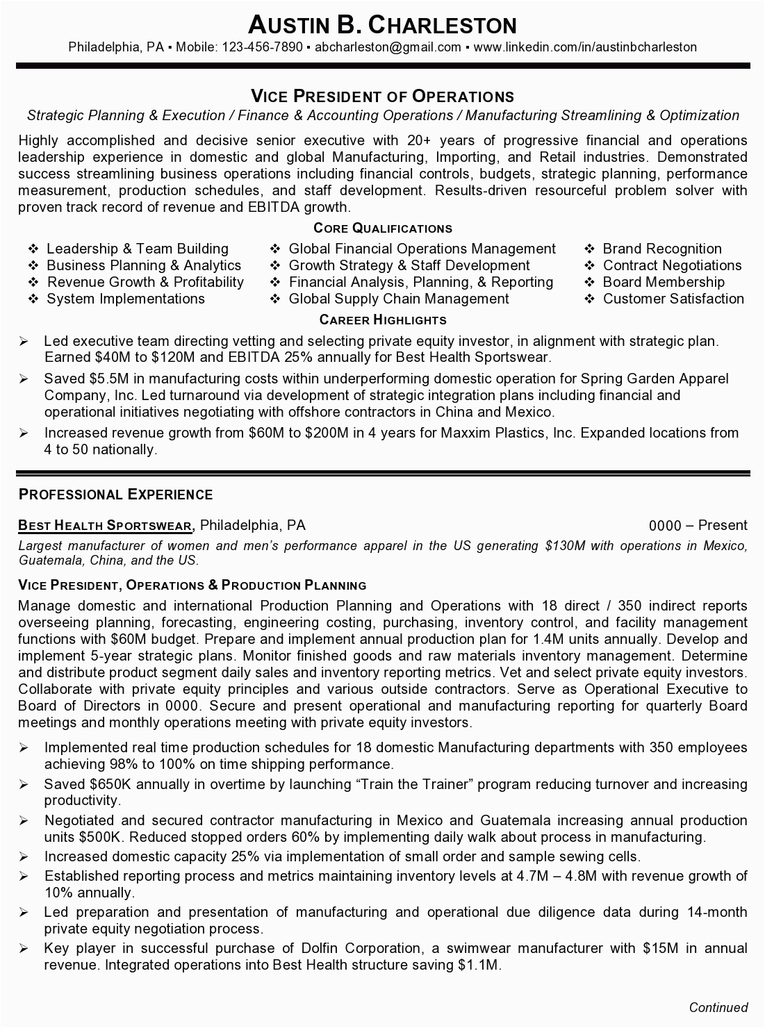 Sample Resume for Vice President Of Operations Resume Sample 4 Vice President Of Operations – Career