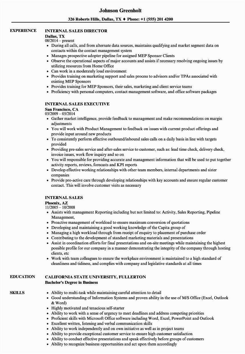 internal sales resume sample