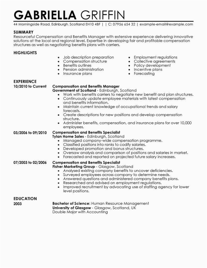 pensation and benefits resume example