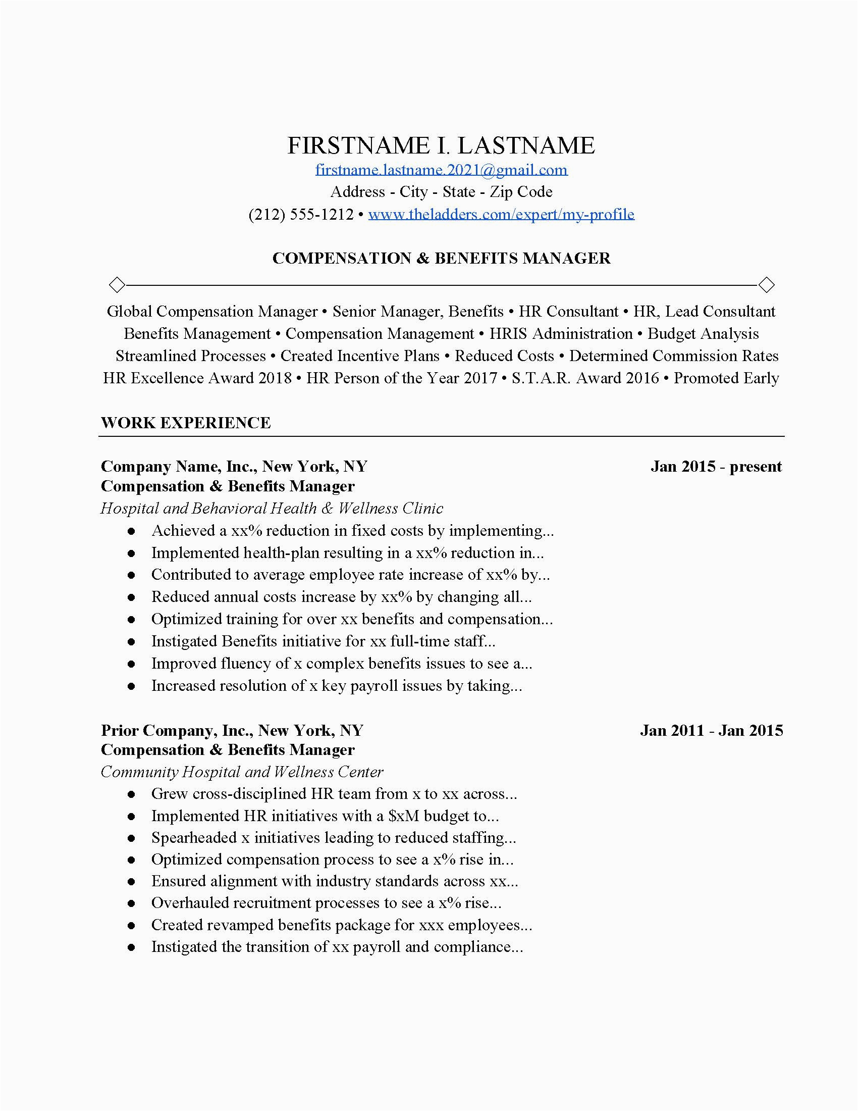 Compensation and Benefits Manager Resume Sample Pensation and Benefits Manager Resume Example