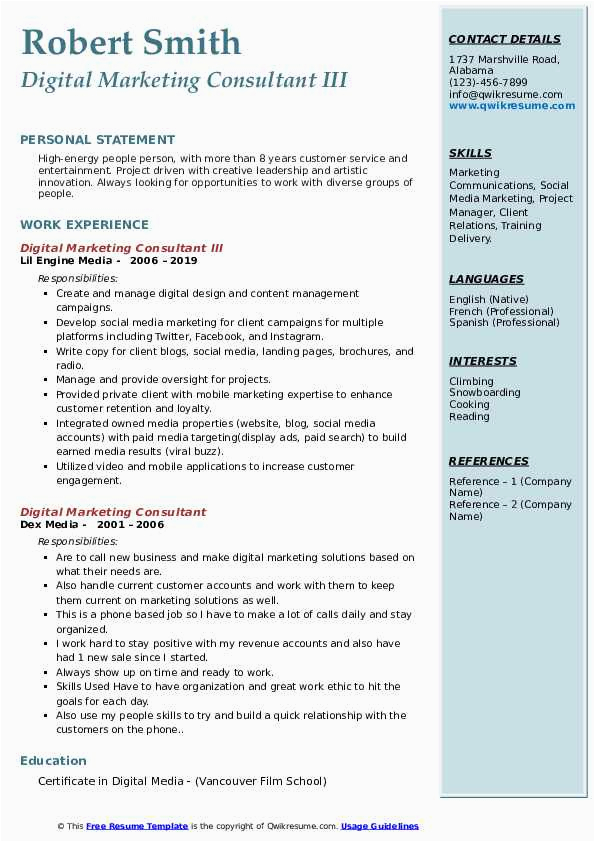 Digital Marketing Resume Template Free Download Digital Marketing Consultant Resume Samples