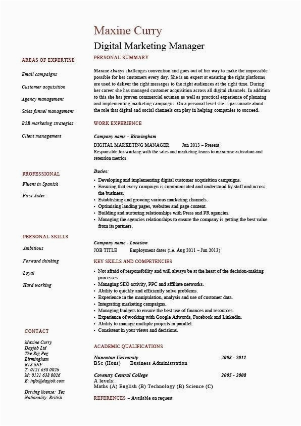 Digital Marketing Resume Template Free Download Digital Marketing Manager Cv Template Example Latest In