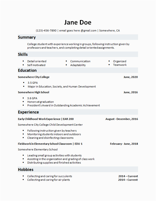 first resume for first job