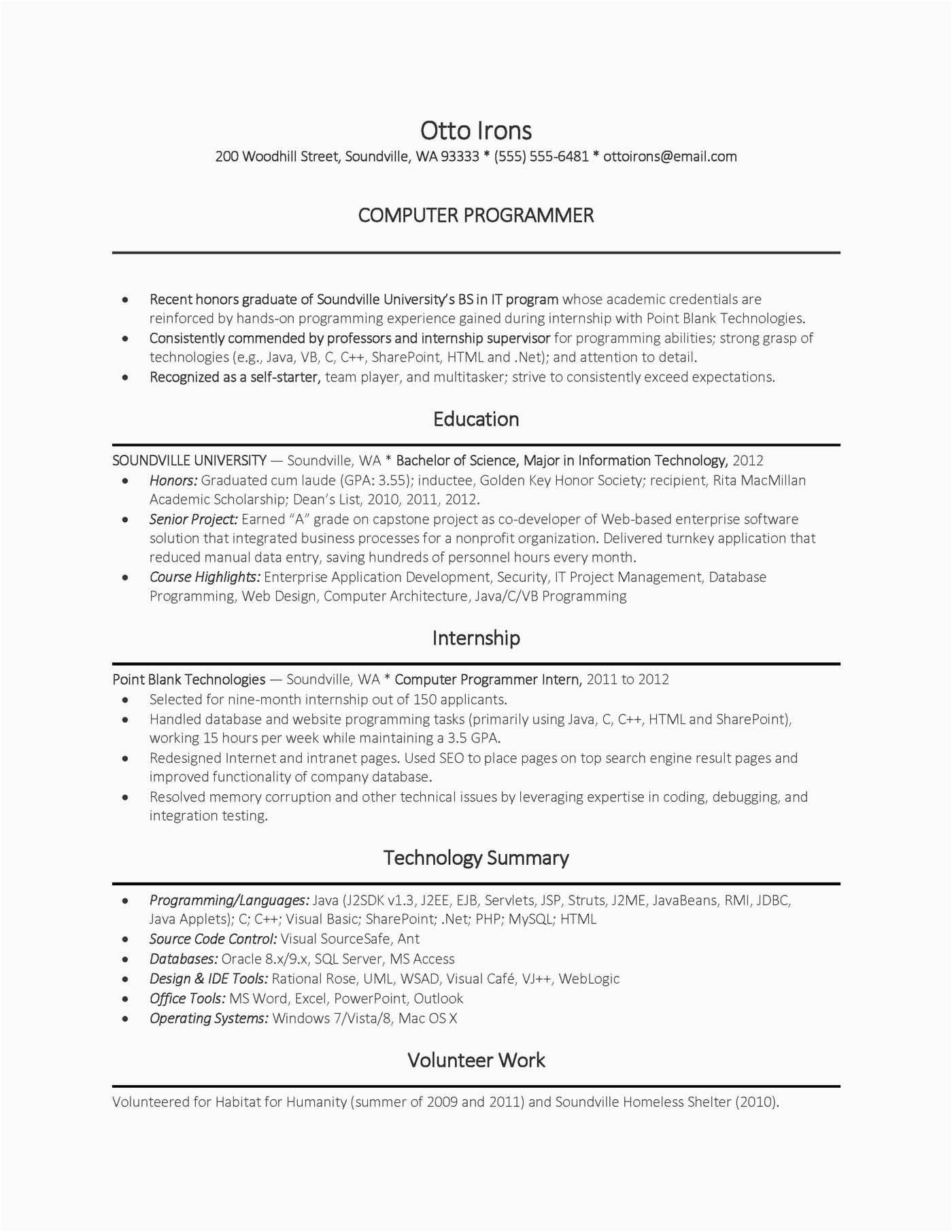 puter science entry level resume