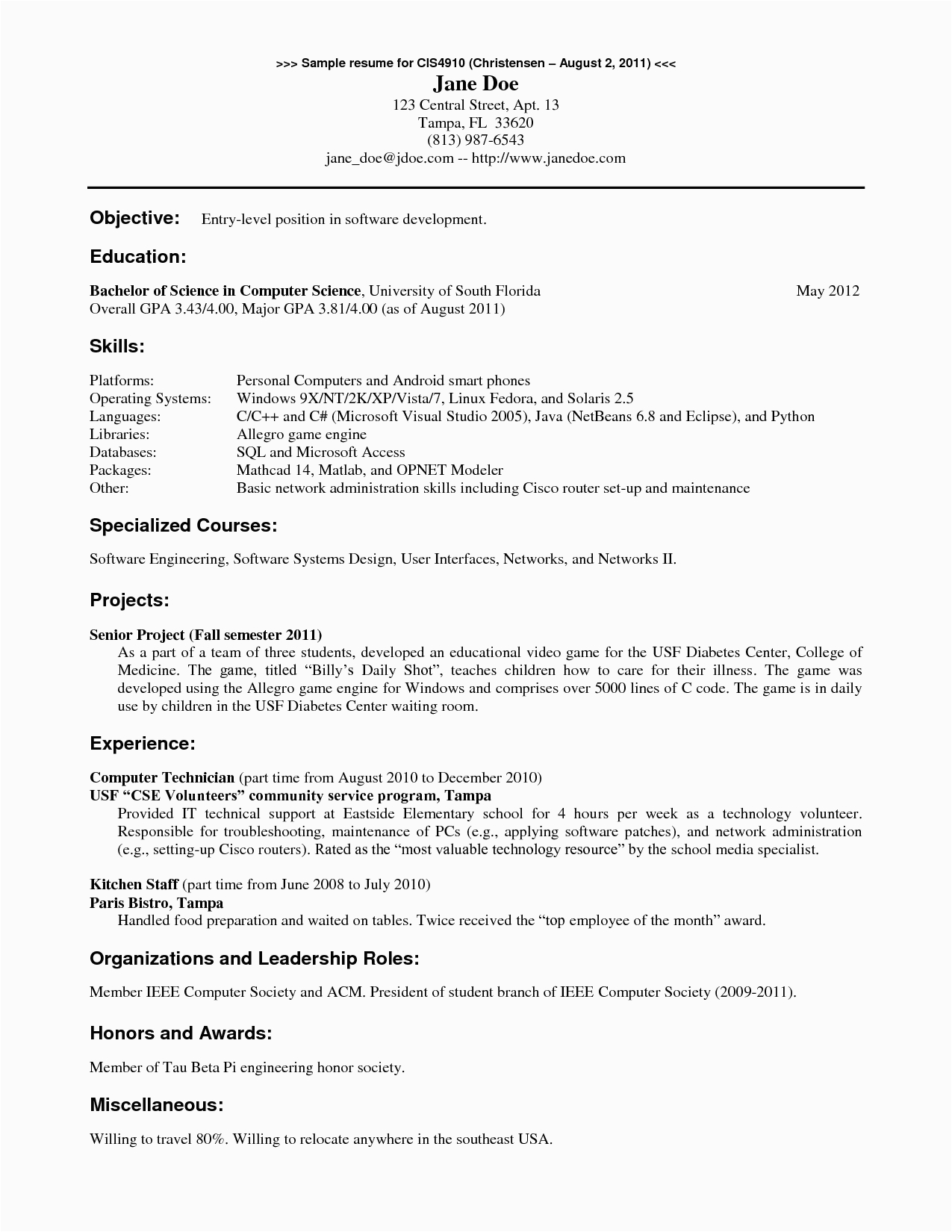 puter science entry level resume