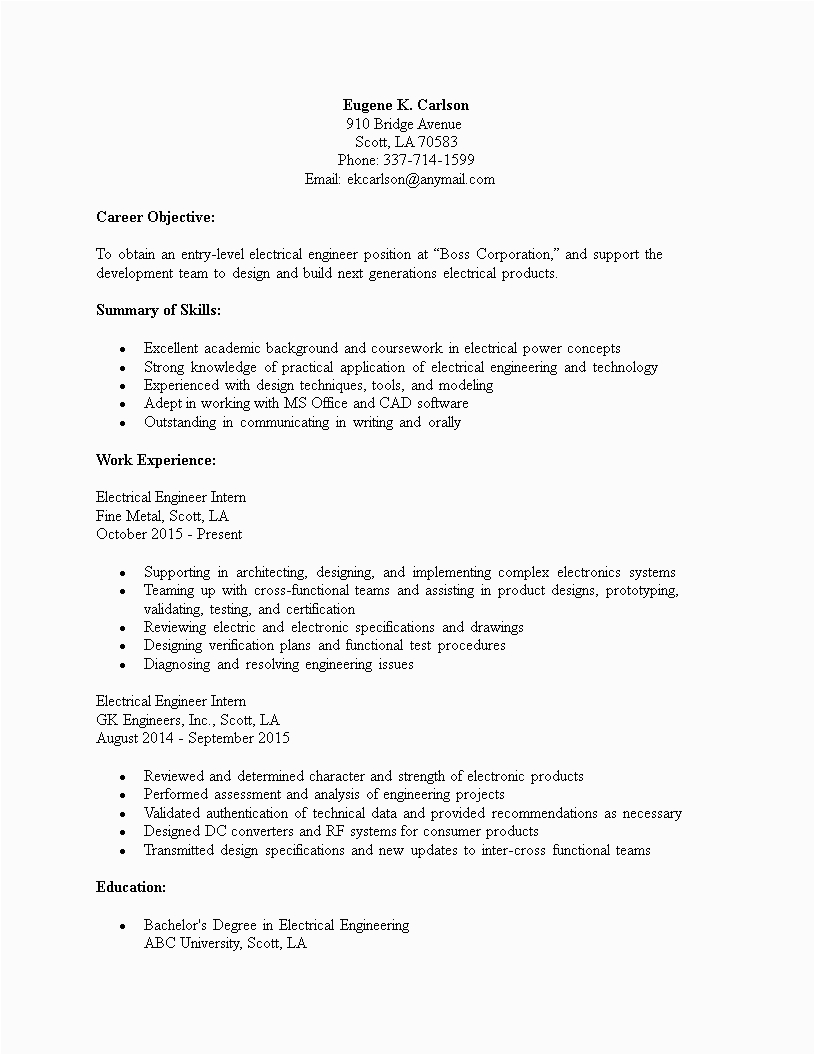 electrical engineering entry level resume template