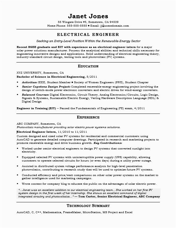 Entry Level Electrical Engineering Resume Sample Entry Level Electrical Engineer Sample Resume