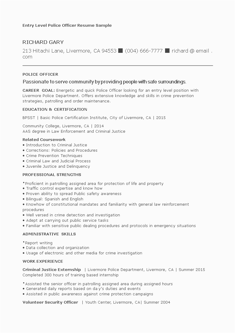 Entry Level Law Enforcement Resume Template Entry Level Police Ficer Resume