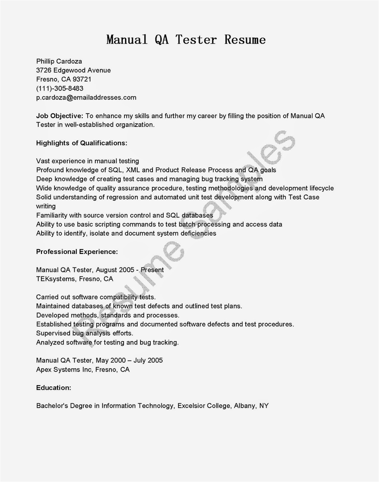 manual qa tester resume sample