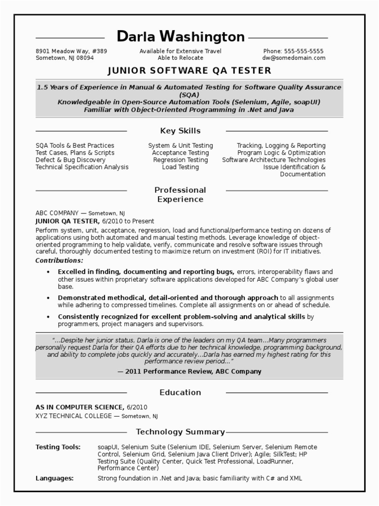 Sample Resume QA Software Tester Entry Level