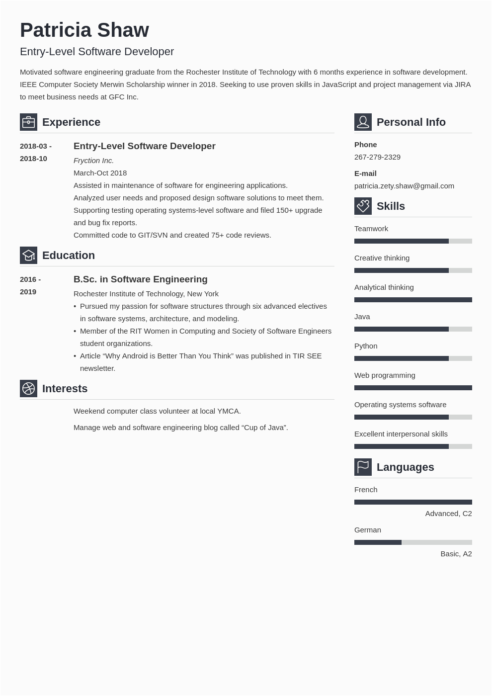 entry level software engineer resume example