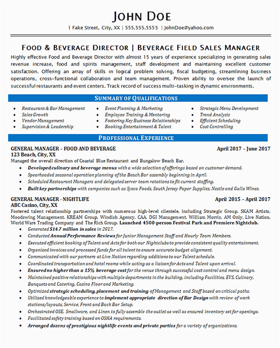 food beverage manager resume example