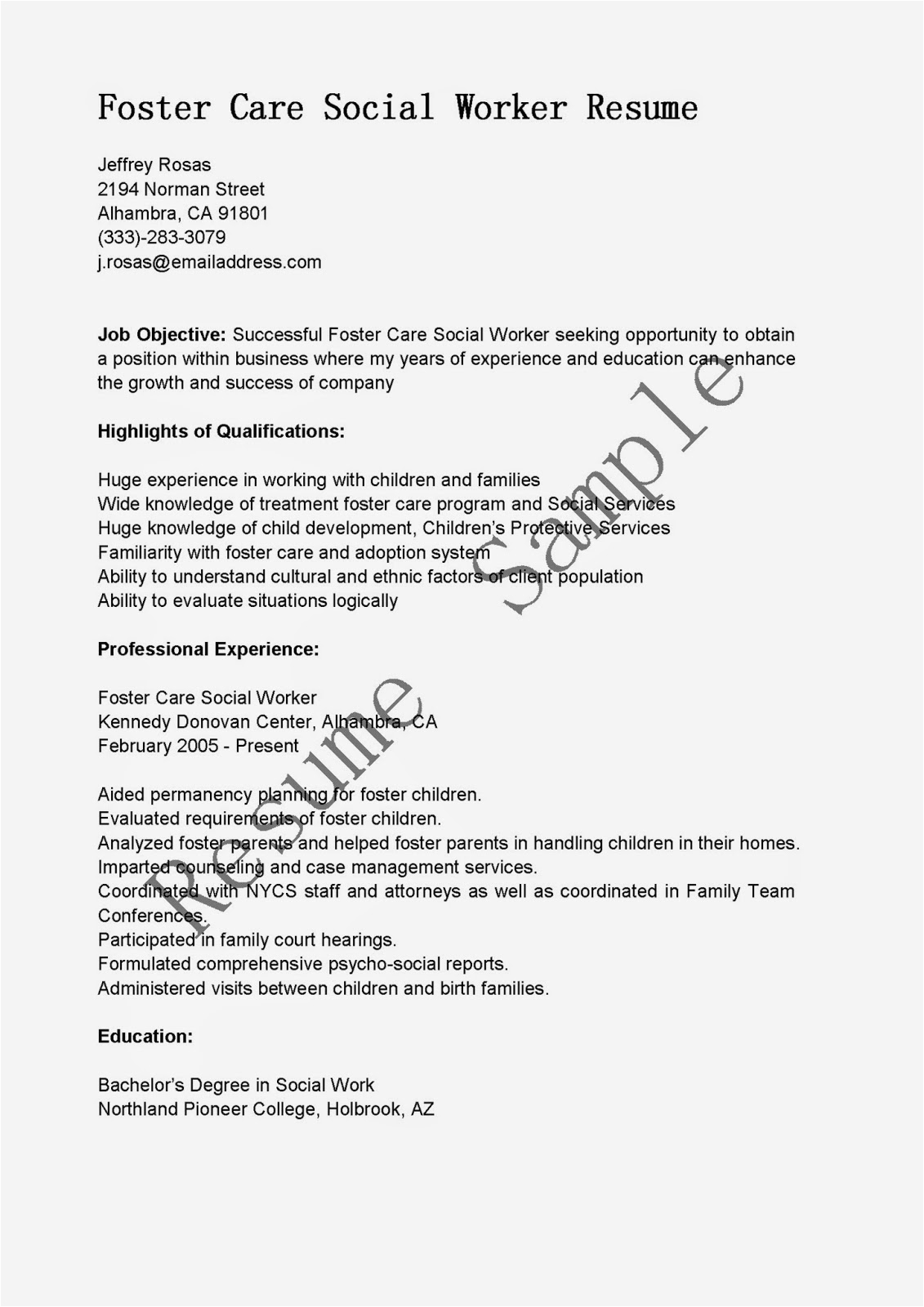 foster care social worker resume sample