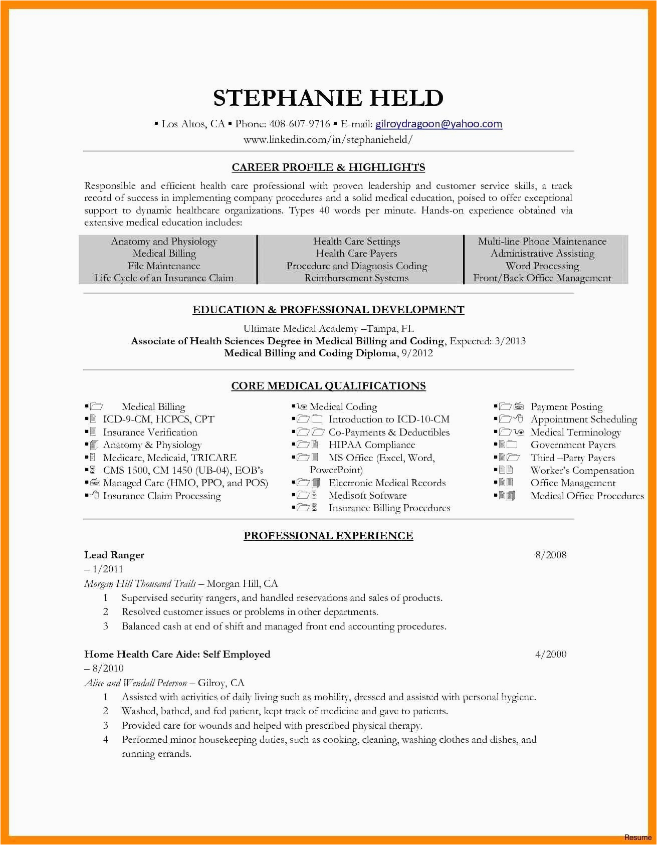 medical billing resume example