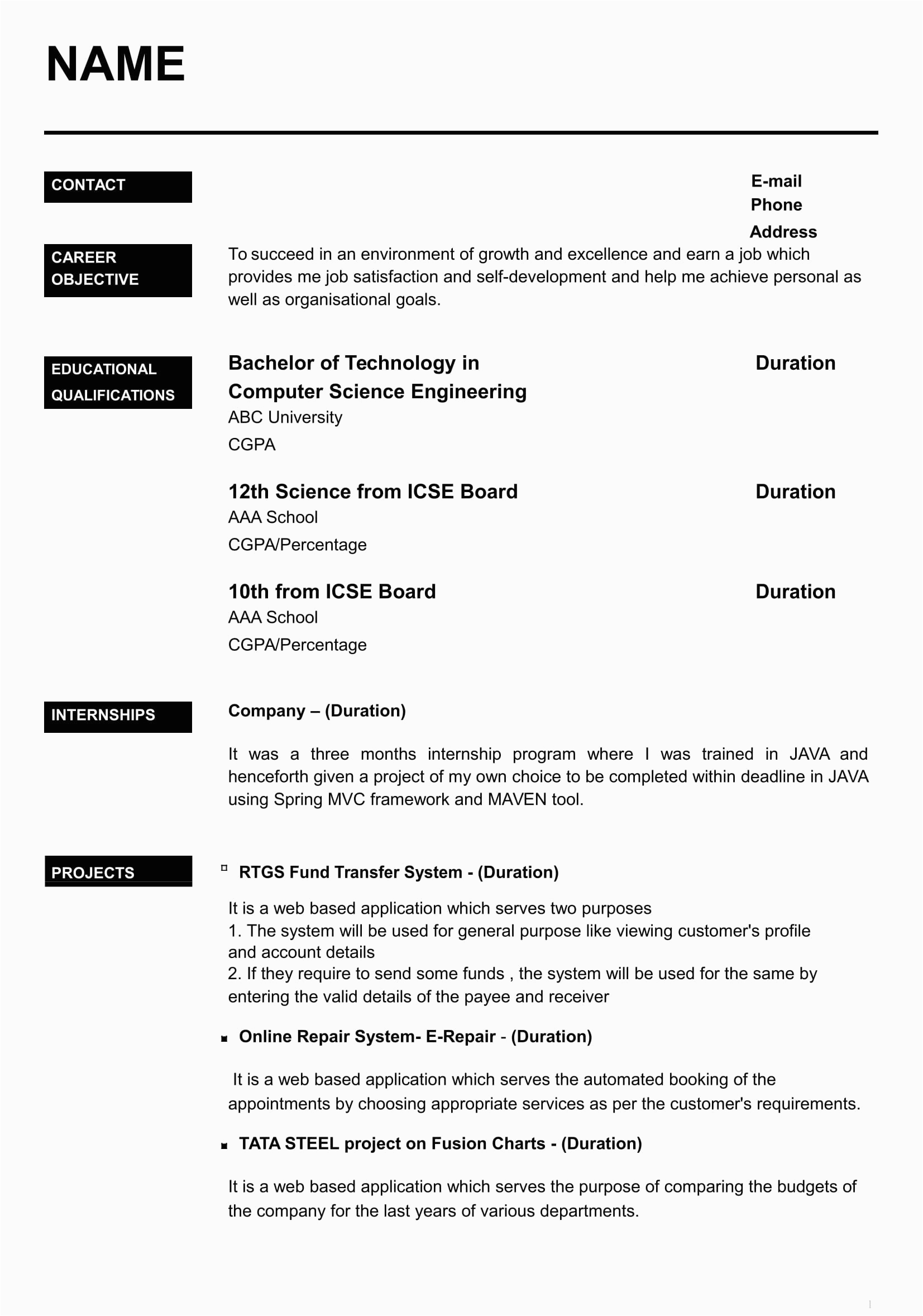 freshers resume templates