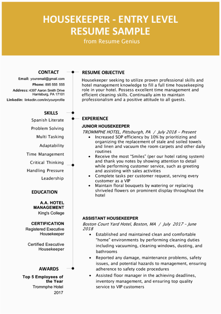 entry level housekeeping resume