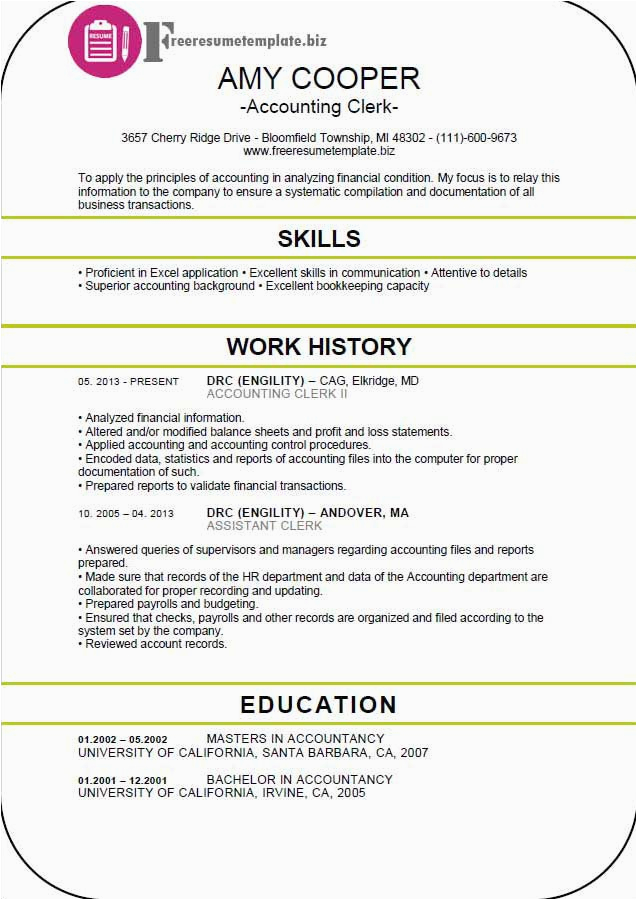 Free Sample Resume for Accounting Clerk Accounting Clerk Resume Template ⋆ Free Resume Templates