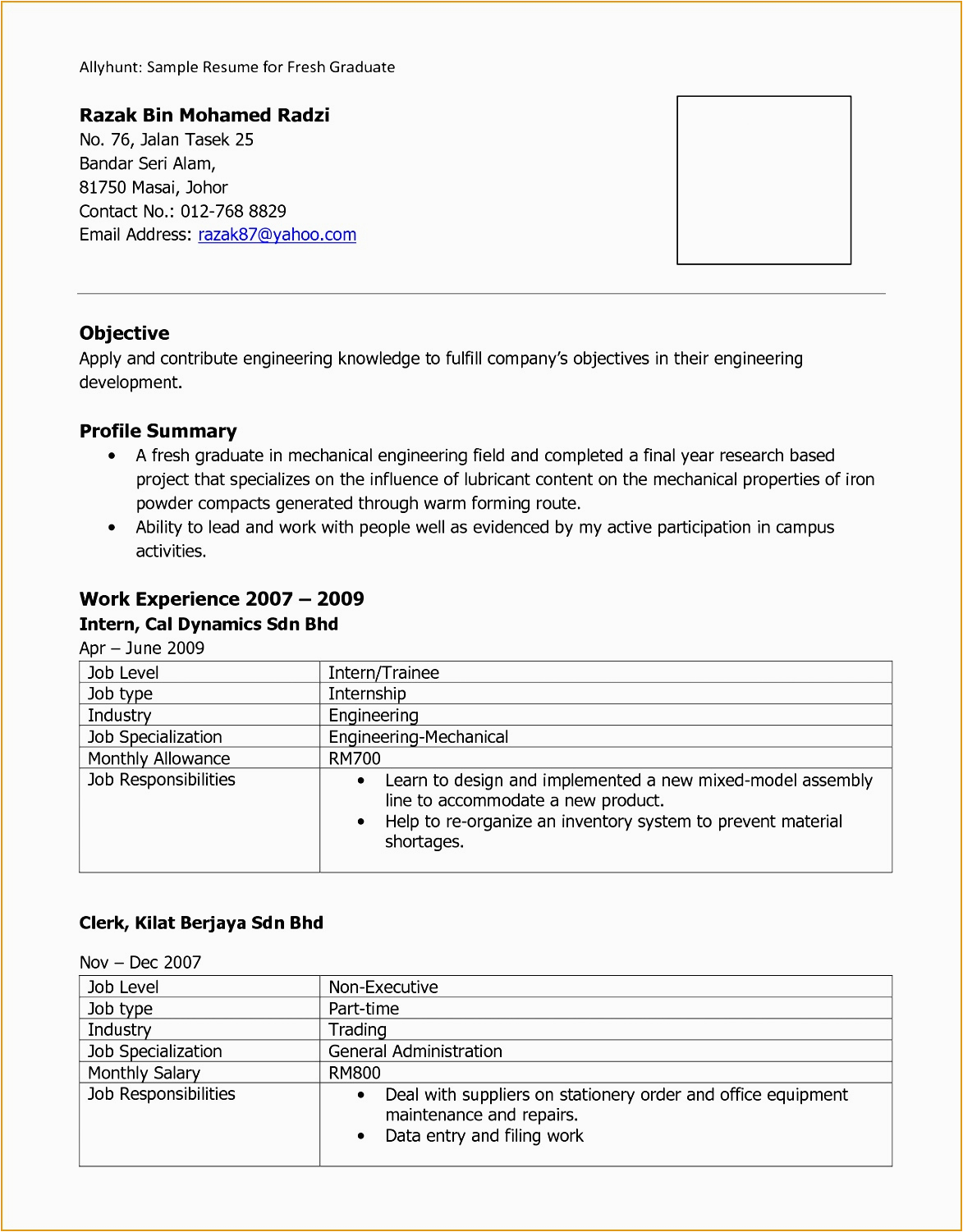 Functional Resume Sample for Fresh Graduate 9 Example Resume for Fresh Graduate