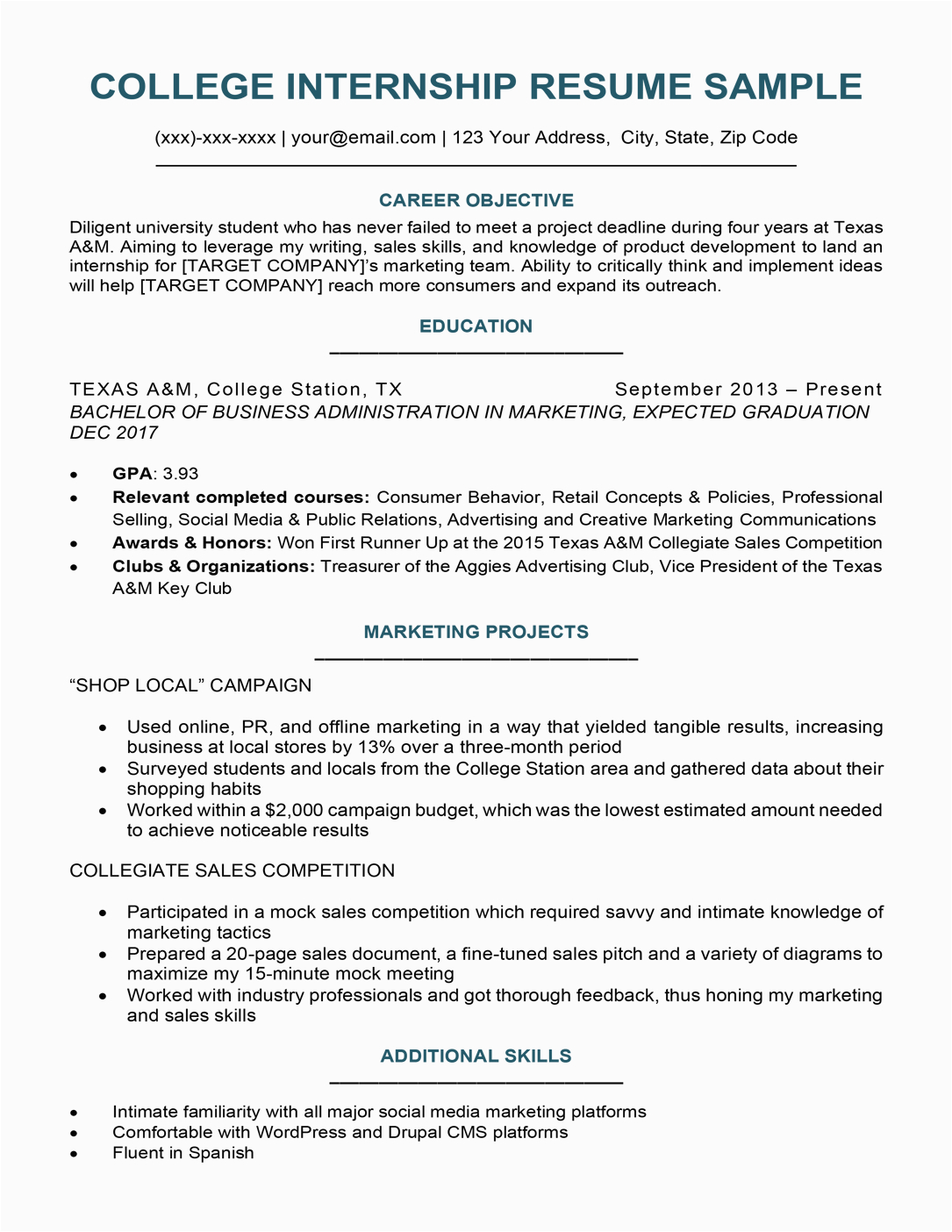 college student resume sample