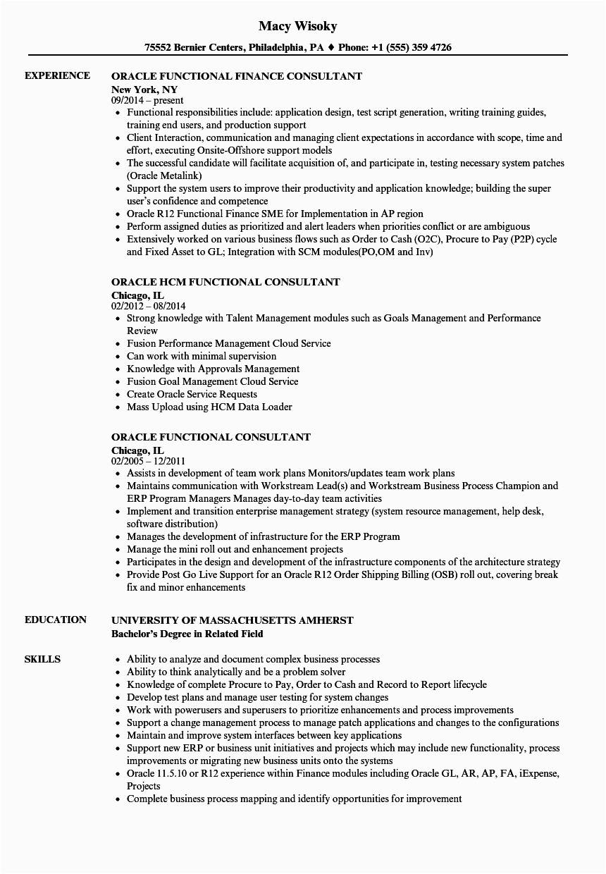 oracle functional consultant resume sample