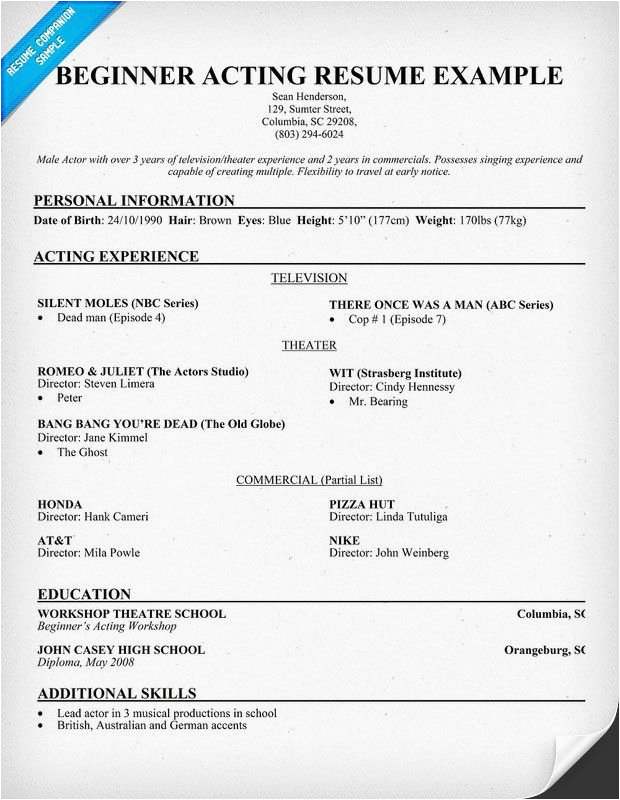 Resume for Beginners with No Experience Sample Sample Acting Resume with No Experience
