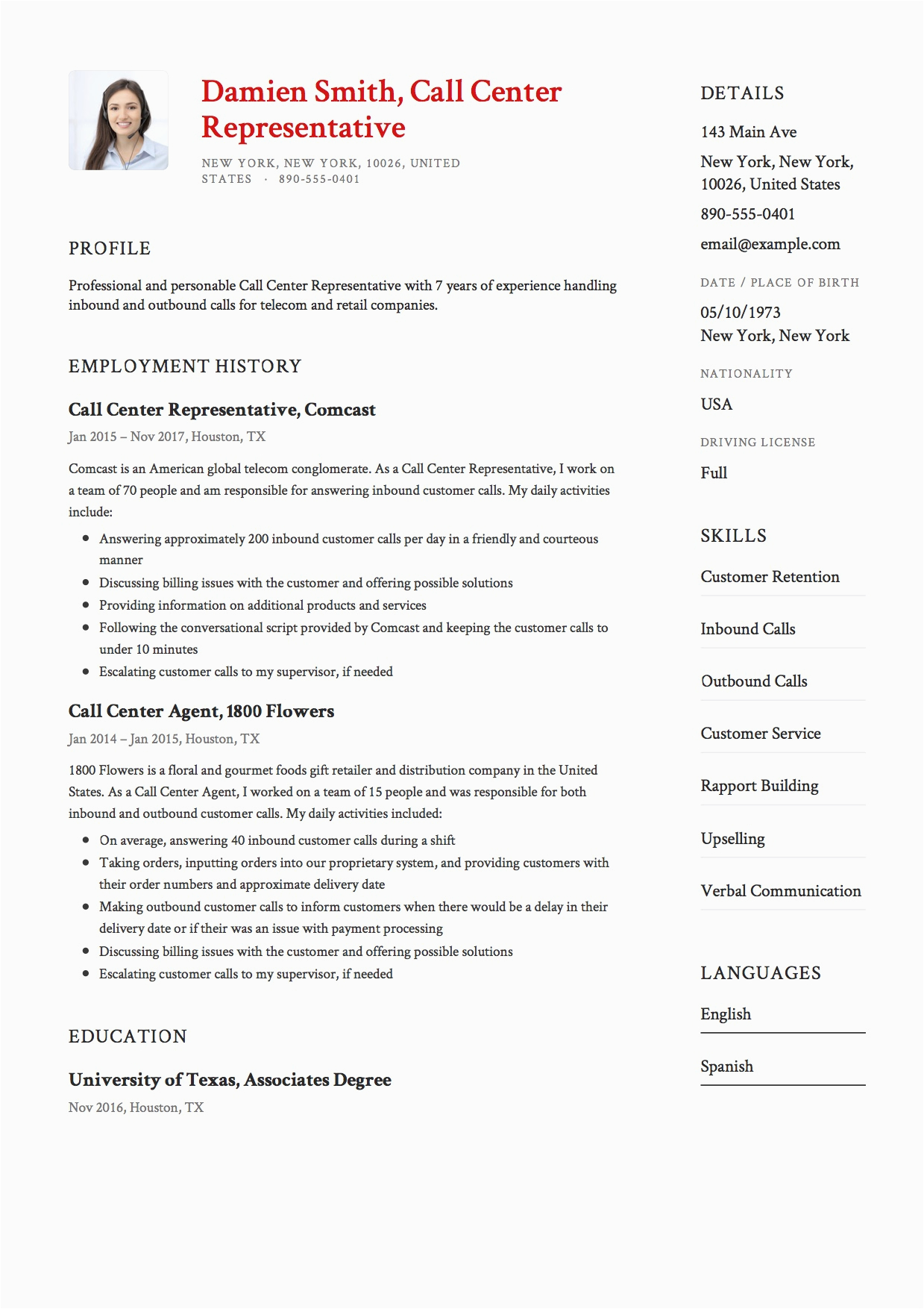 call center resume
