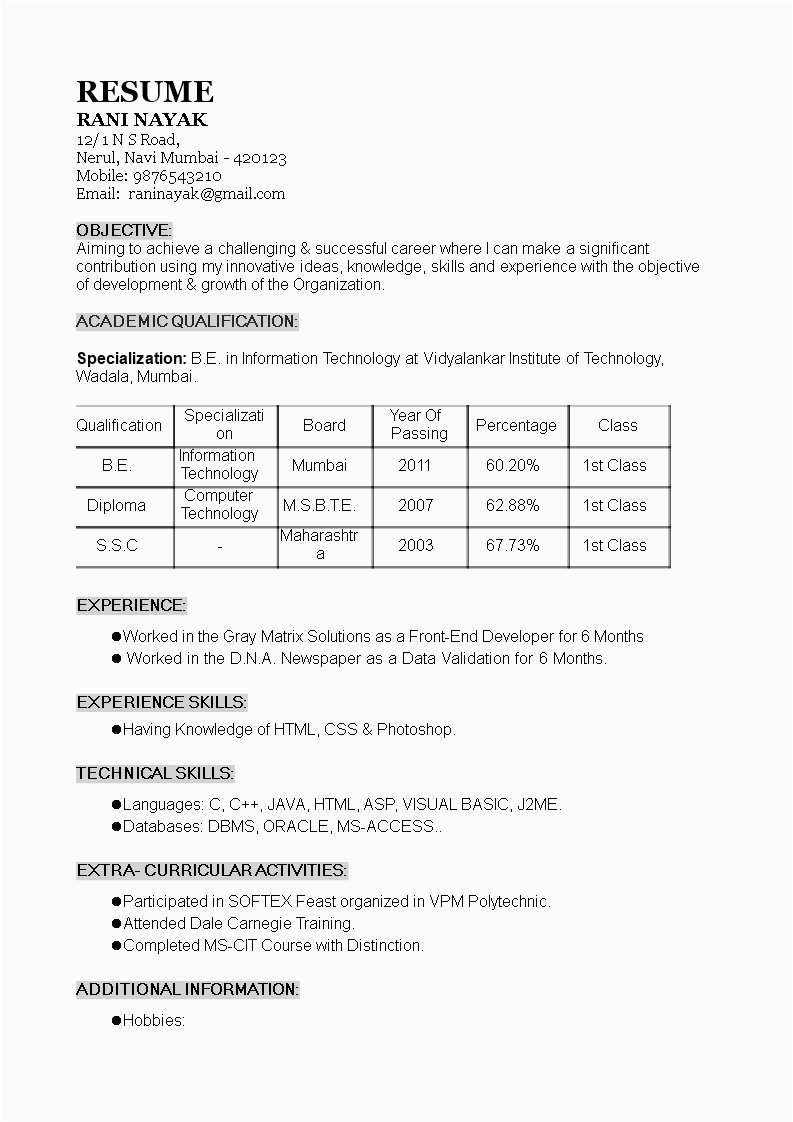Resume Template for 1 Year Experience 1 Year Experience Resume format