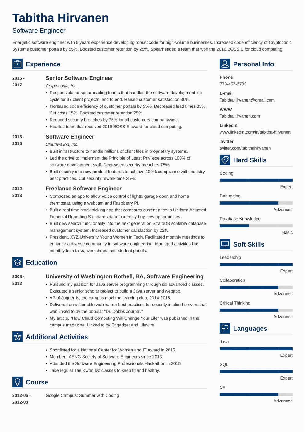 resume for experienced software engineer