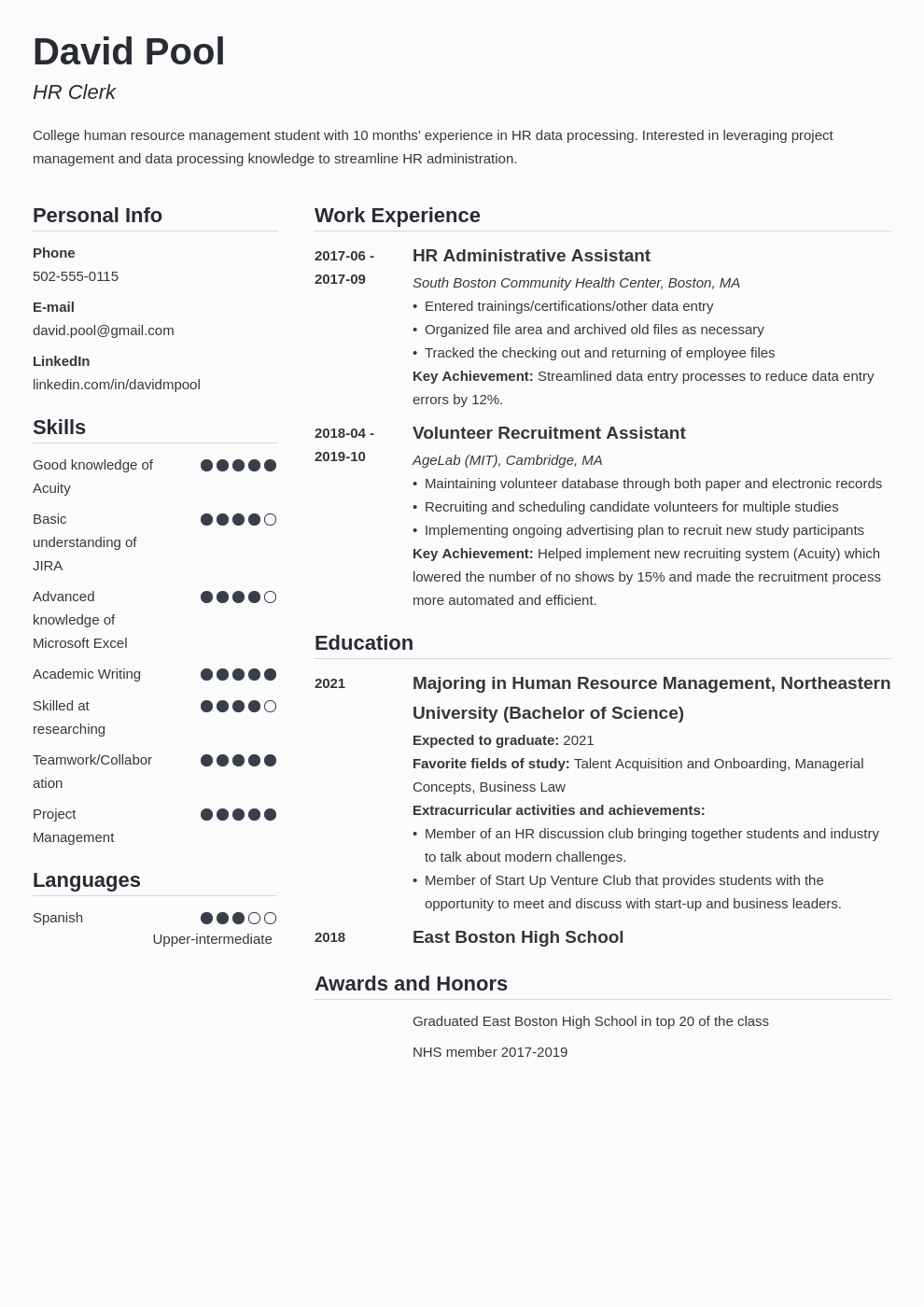 college freshman resume example