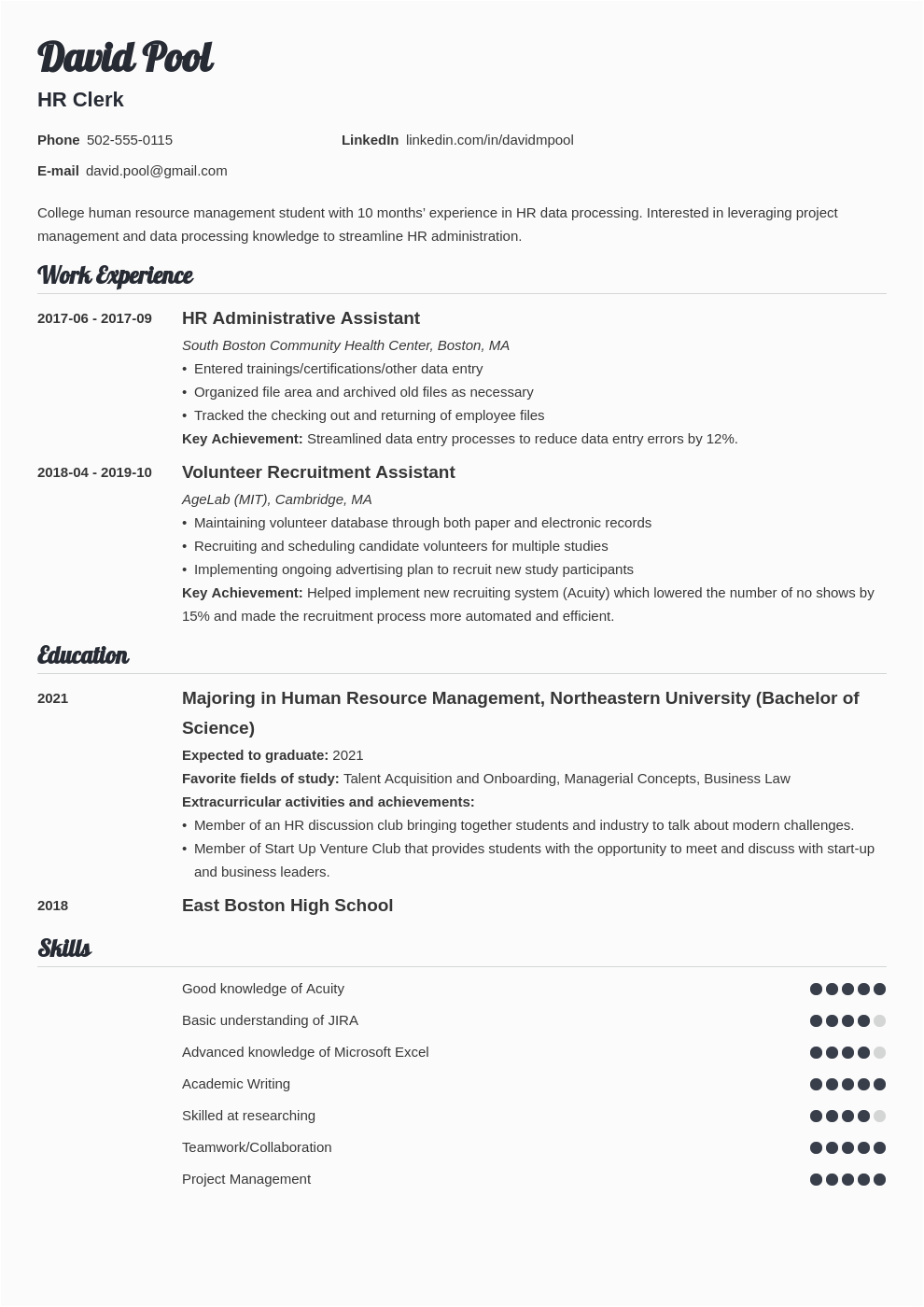 college freshman resume example