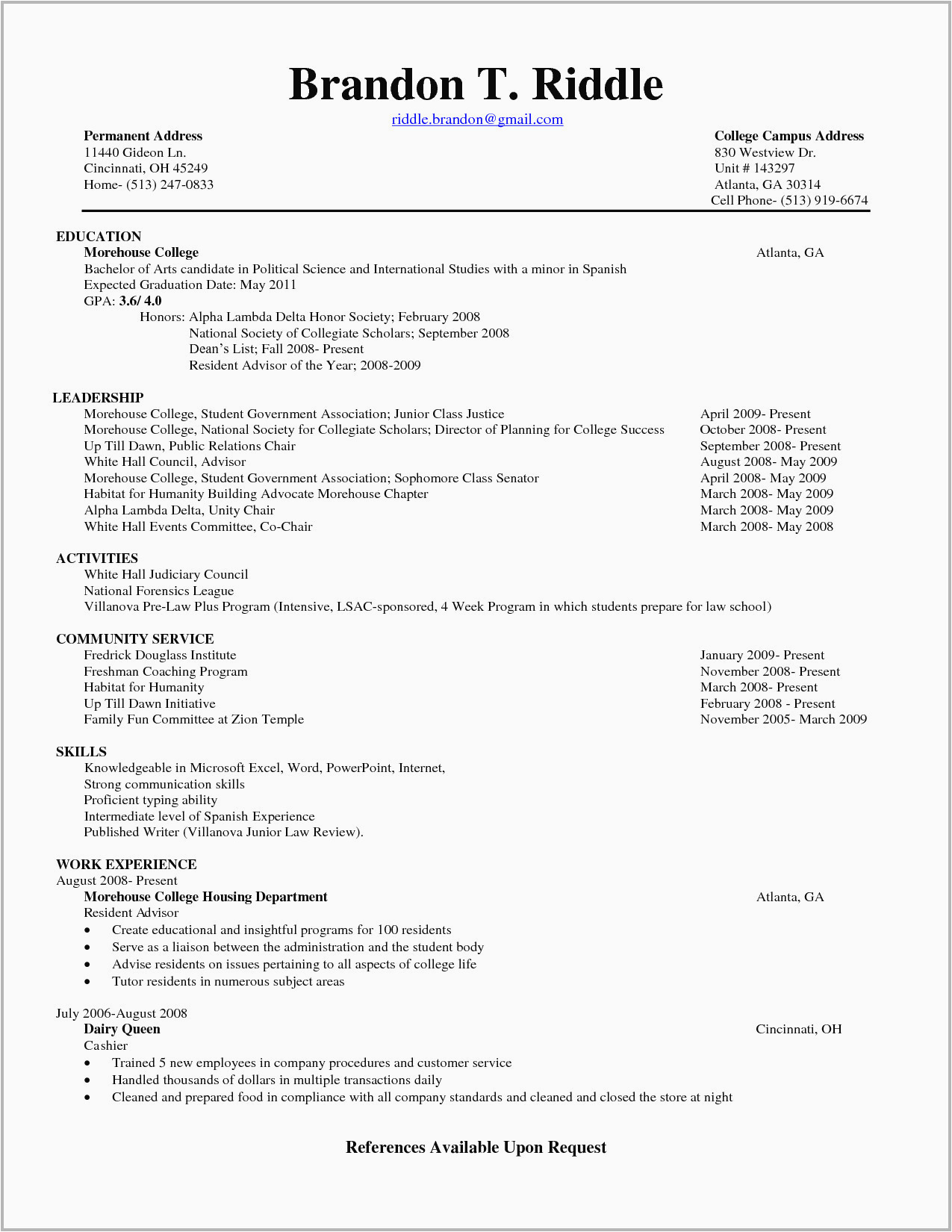 college freshman resume template