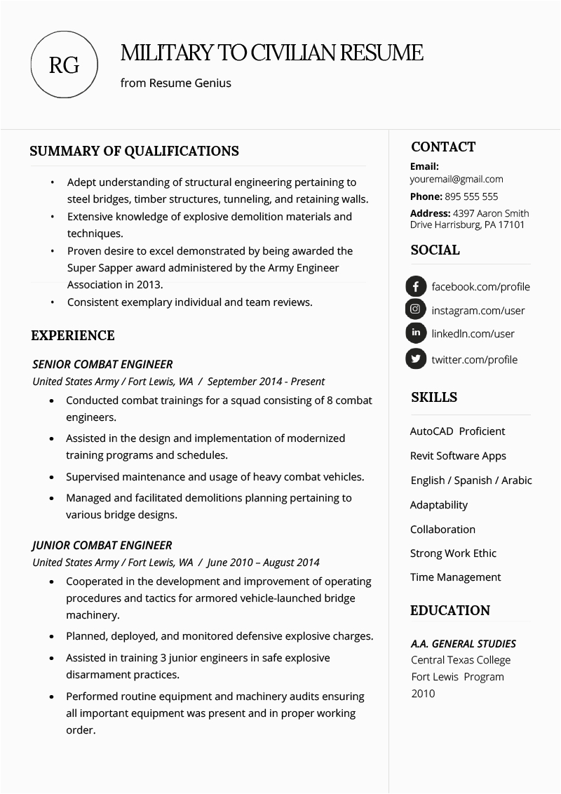 military to civilian resume example