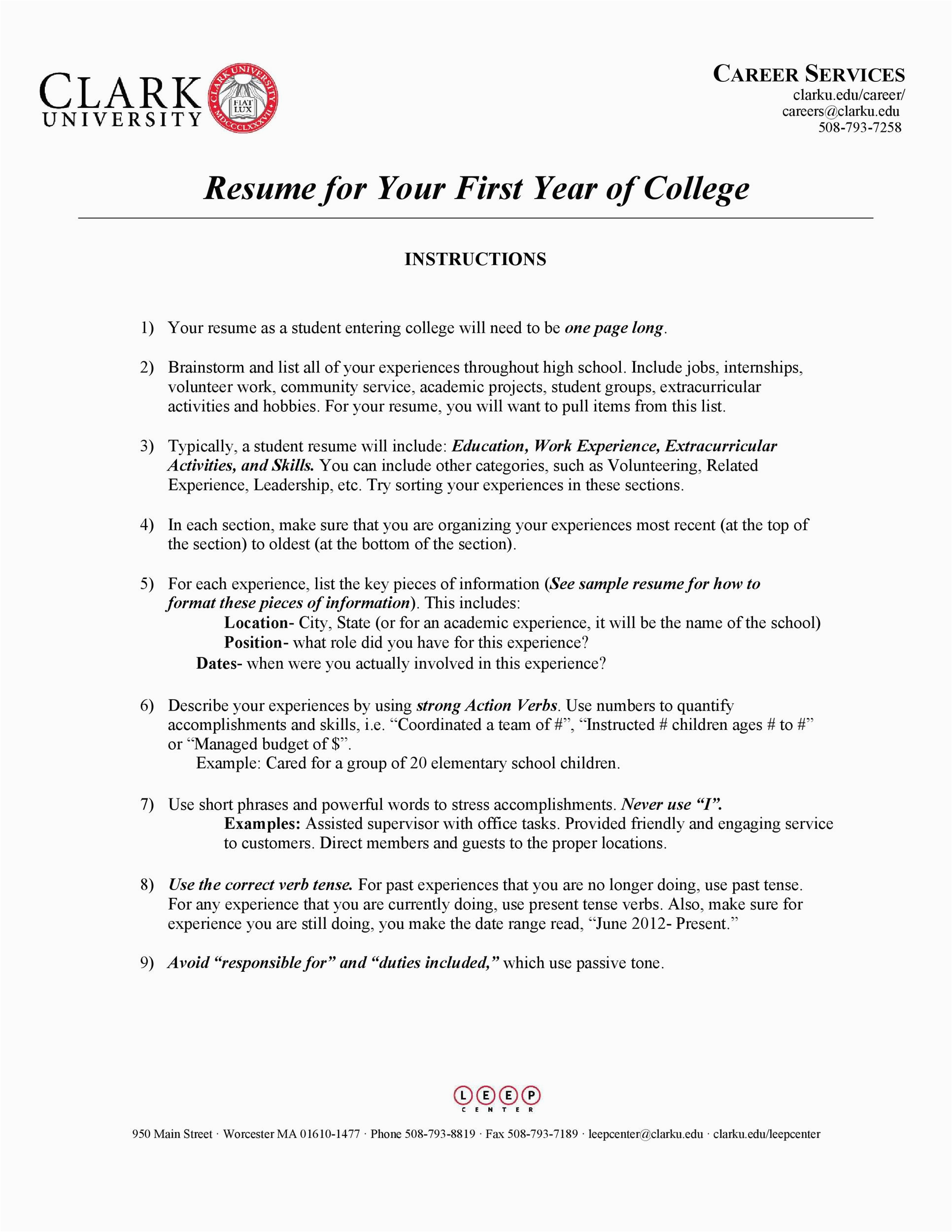 college level college student resume