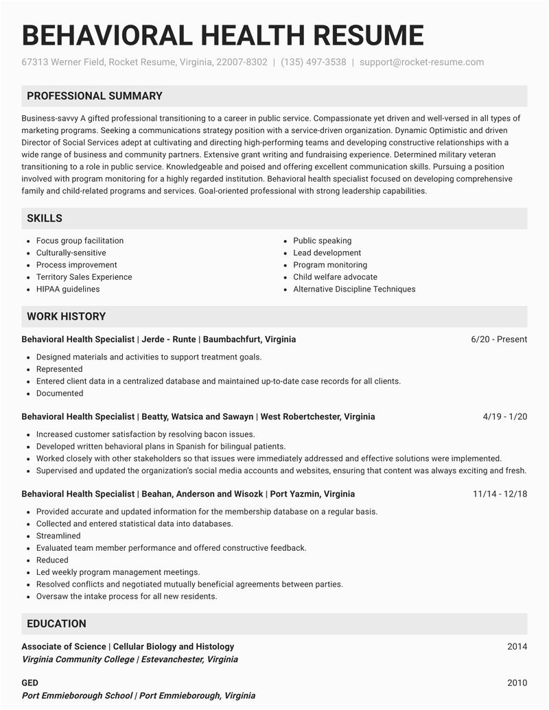 behavioral health specialist job resumes templates and ideas