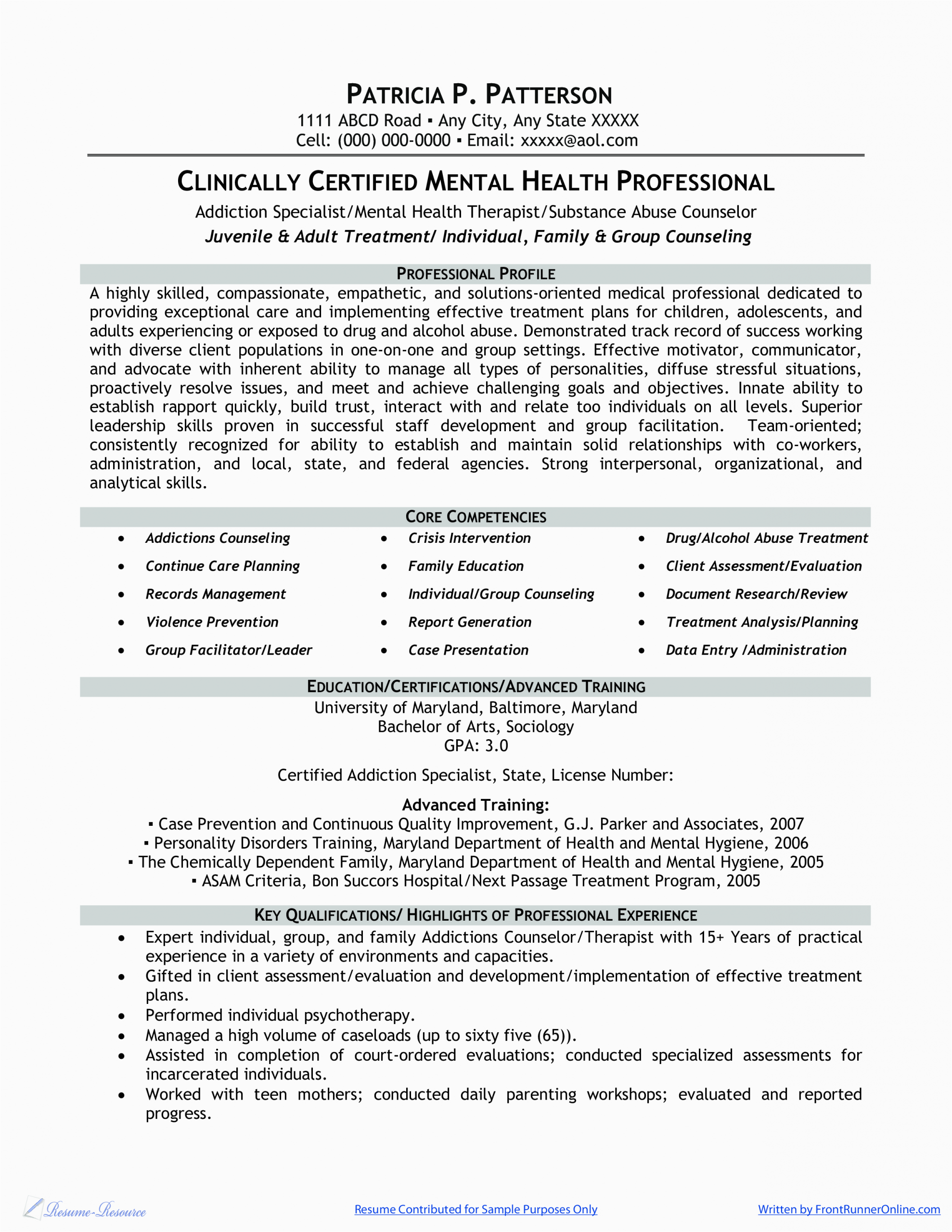 Resume Templates for Mental Health Professionals Free Clinically Certified Mental Health Professional