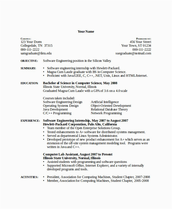 Sample Internship Resume for Computer Science 12 Puter Science Resume Templates Pdf Doc
