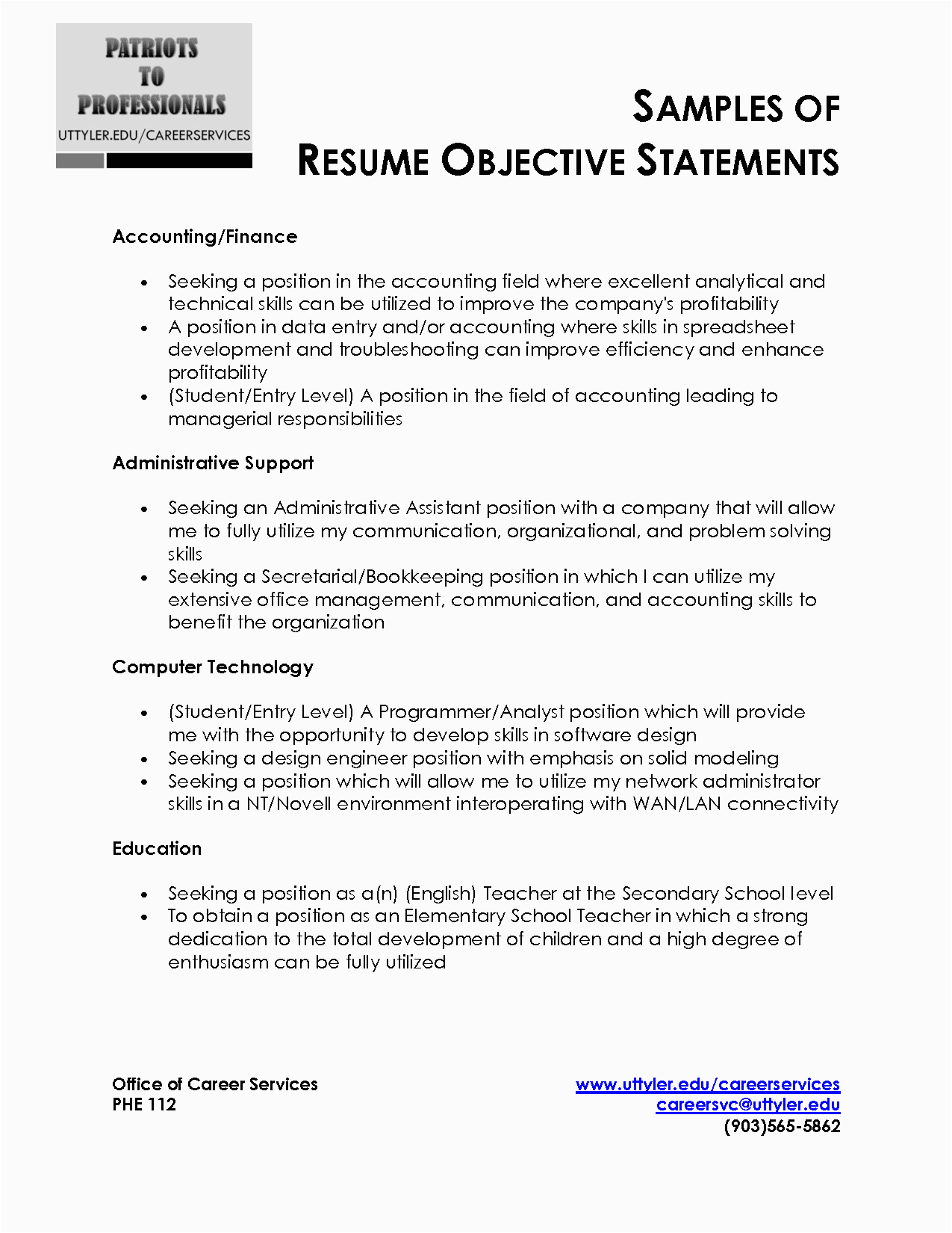 resume objective statement 2603