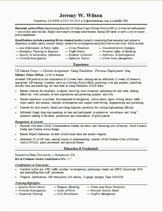Sample Military to Civilian Transition Resume Police Ficer Military to Civilian Resume Sample