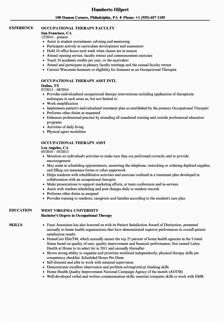 new grad occupational therapy resume
