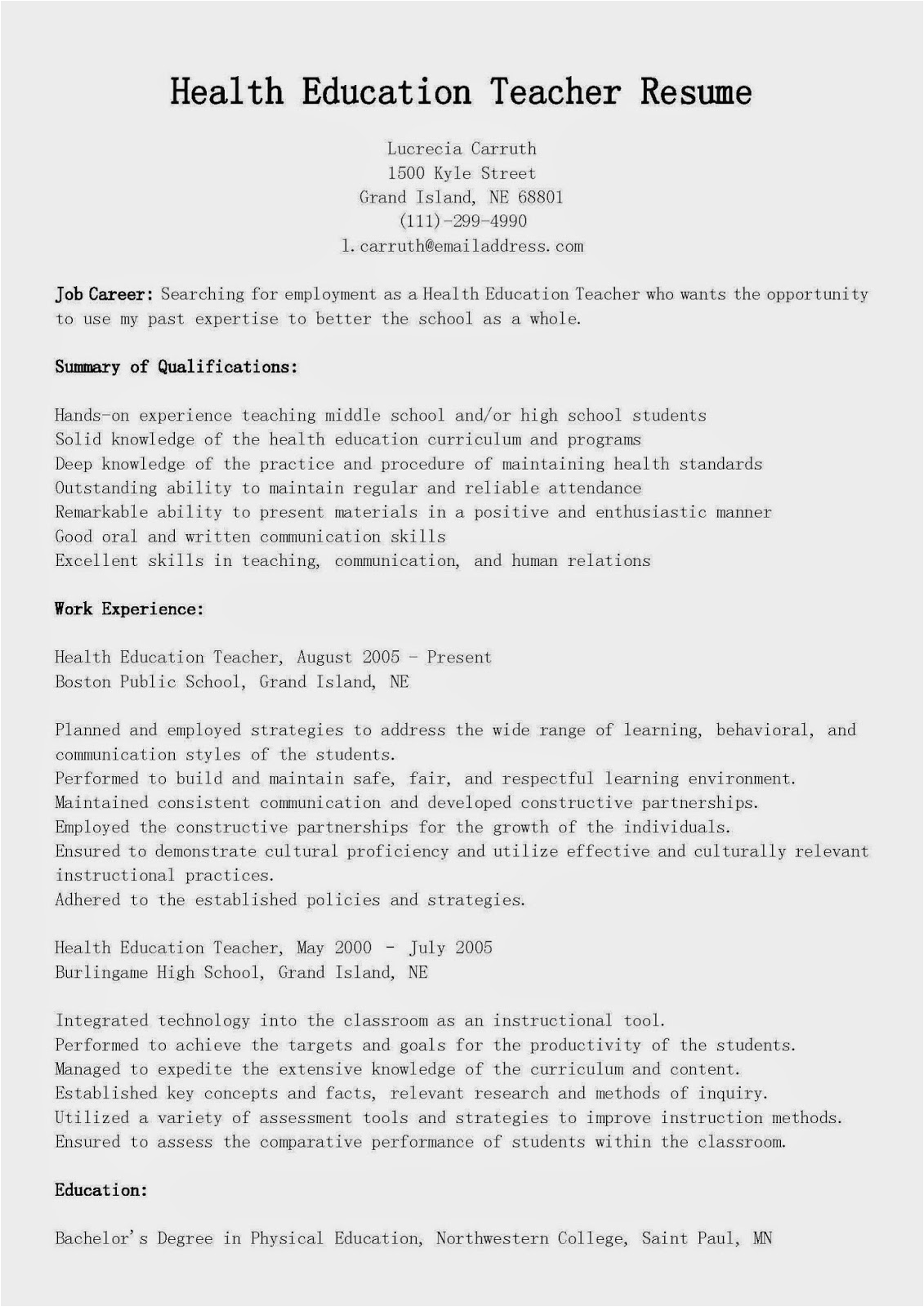 Sample Resume for B Ed Teachers Resume Samples Health Education Teacher Resume Sample