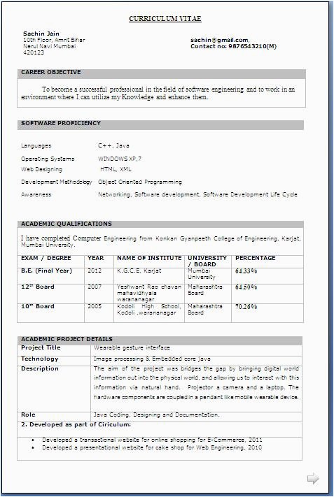Sample Resume for B Tech Final Year Student B Tech Final Year Resume