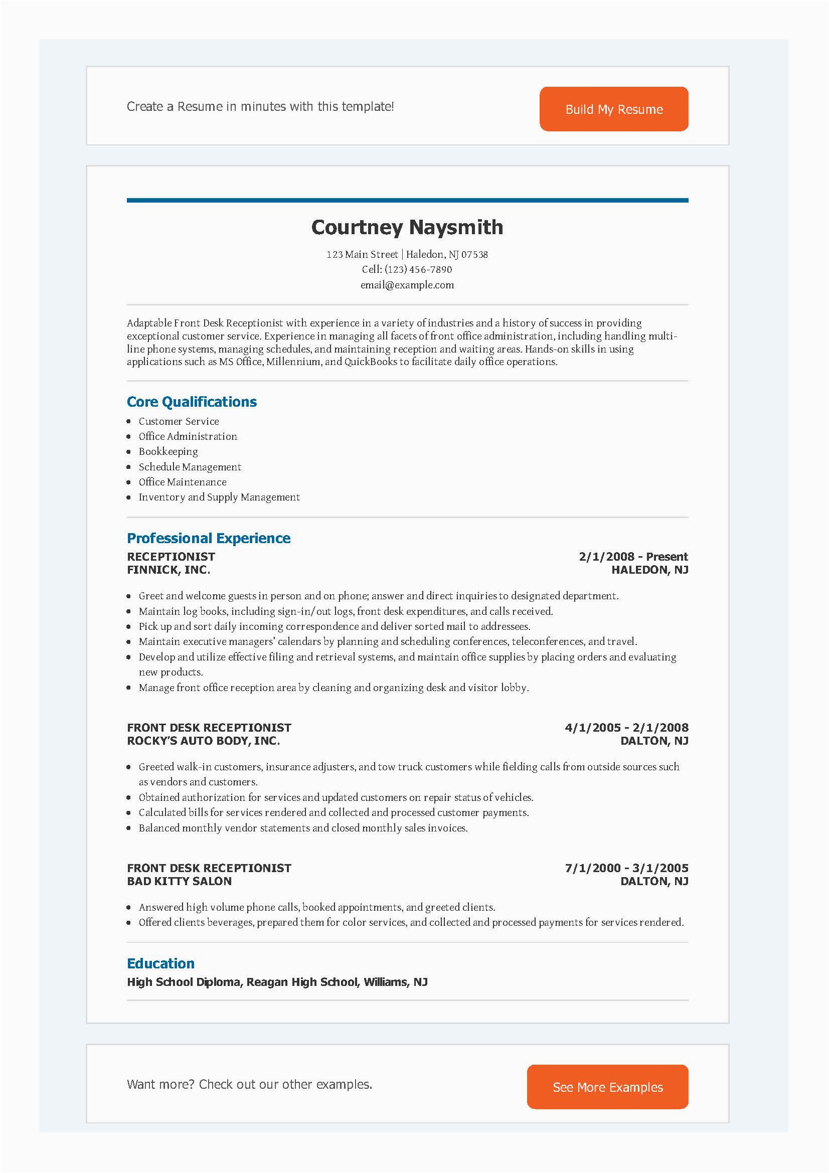 front office receptionist resume