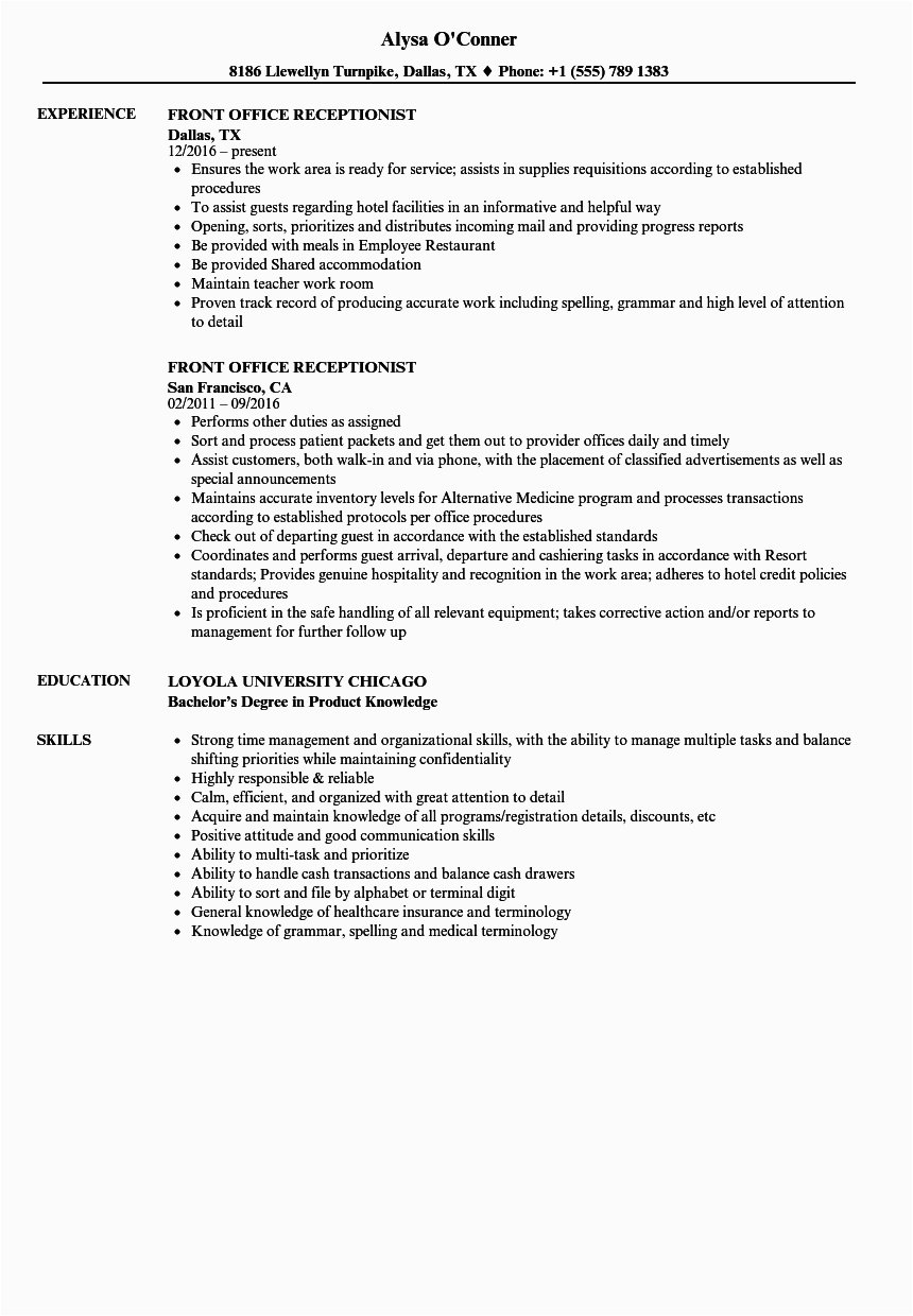 Sample Resume for Front Office Receptionist Front Fice Receptionist Resume Samples