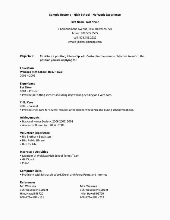 resume for highschool graduates with no work experience