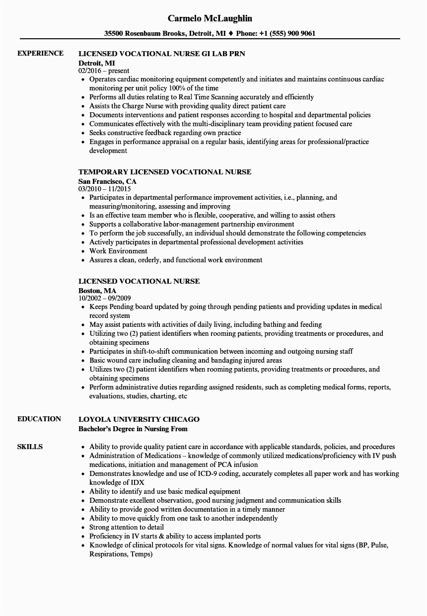 licensed vocational nurse resume sample