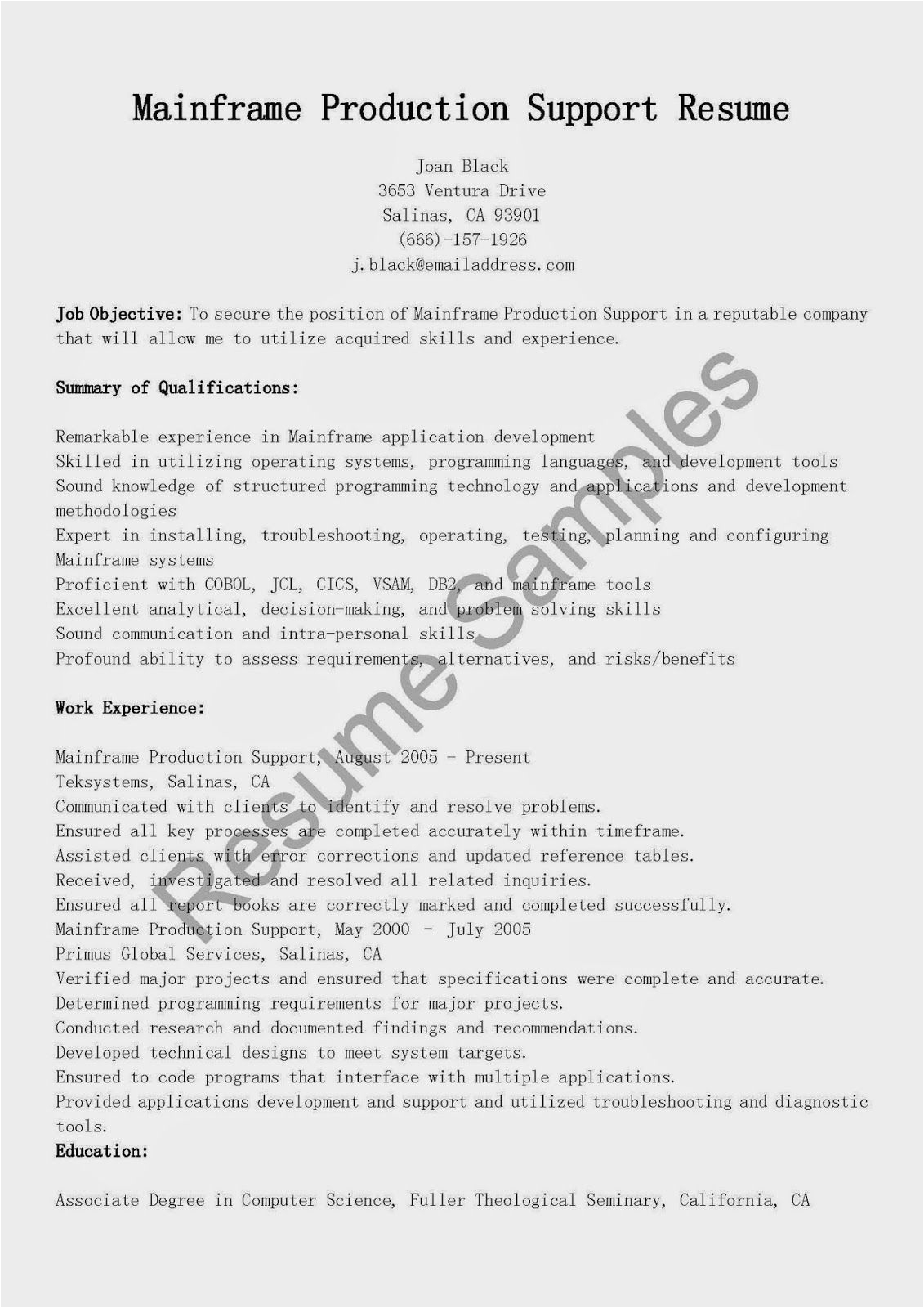 Sample Resume for Mainframe Production Support Mainframe Production Support Resume Sample