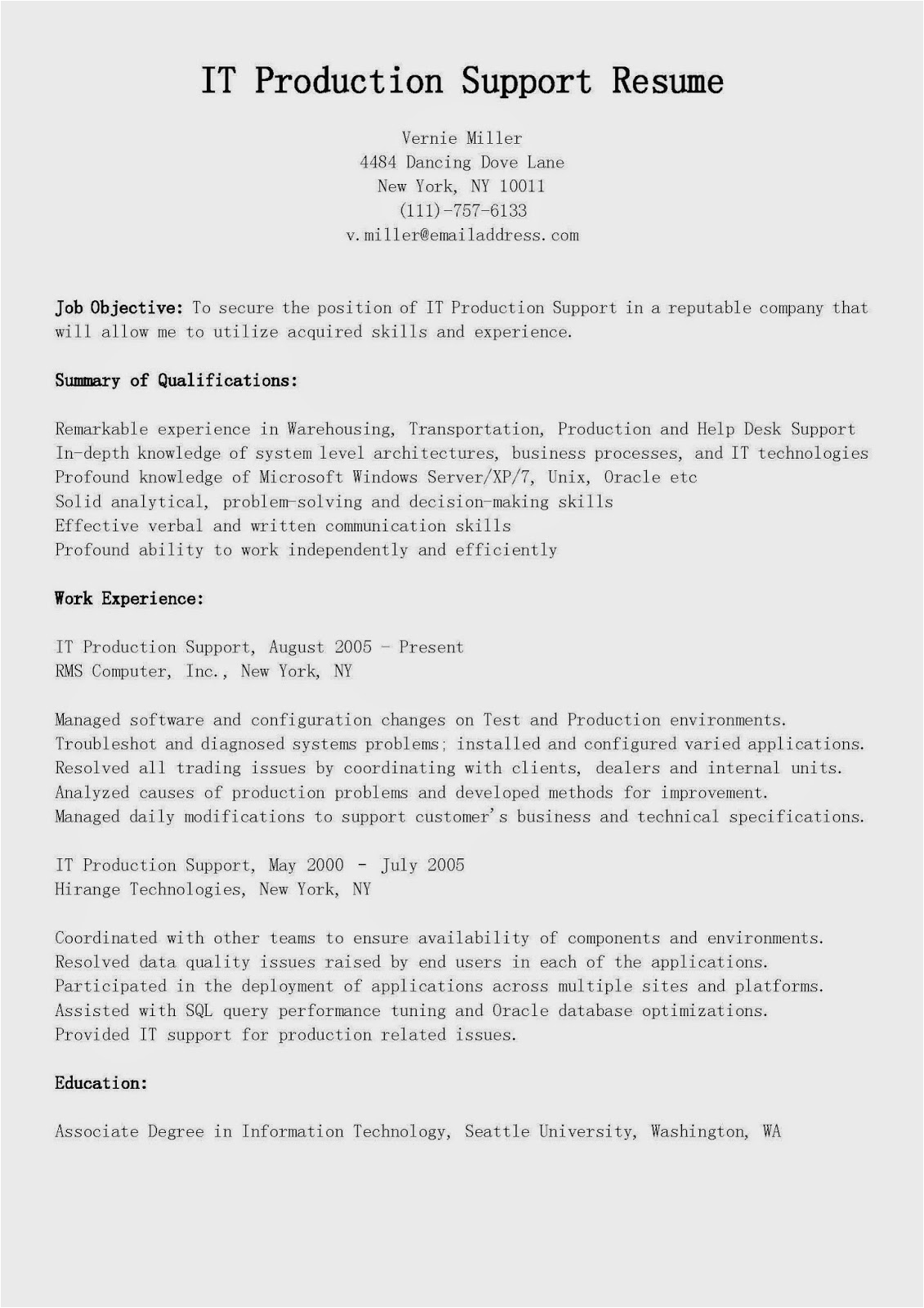 it production support resume sample